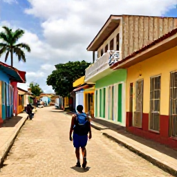 Caribbean Holidays, March Backpacking, Backpacker walking along a lively Trinidad street in warm March sunshine, colourful buildings, local shops and palm trees