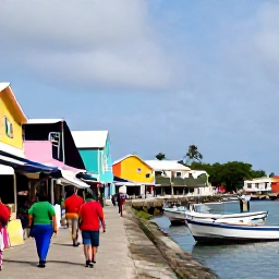 Caribbean Holidays, March Backpacking, Colourful Caribbean harbour town with small boats, market stalls and travellers exploring on foot, realistic travel photography