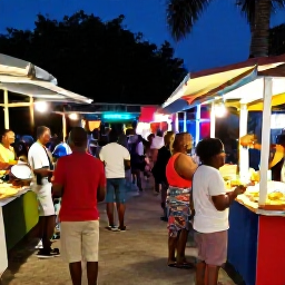 Caribbean Holidays, March Backpacking, Friendly evening scene in Port of Spain with street food stalls, steelpan music, colourful lights and travellers enjoying local culture