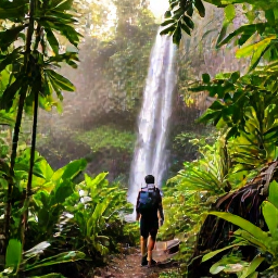 Caribbean Holidays, March Backpacking, Hiker on a forest trail in Trinidad&rsquo;s Northern Range, tropical foliage, a waterfall and filtered morning sunlight