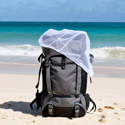 Caribbean Holidays, March Backpacking, Simple backpacker accommodation near a Caribbean beach, rucksack, mosquito net and travel essentials, realistic travel photography