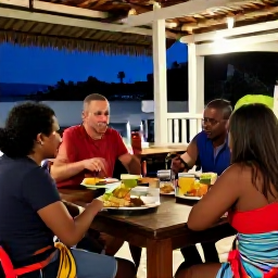 Caribbean Holidays, March Backpacking, Solo backpacker sharing a meal with friendly locals at an open-air Caribbean restaurant, warm evening light, realistic travel photography