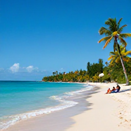 Caribbean Holidays, March Beach Holidays, A bright tropical beach in Saint Vincent and the Grenadines in March, with calm turquoise water, pale sand, palm trees and a couple of relaxed holidaymakers