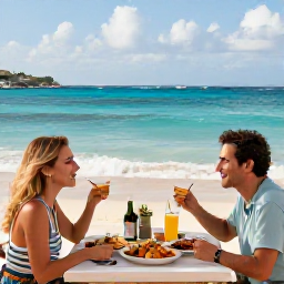 Caribbean Holidays, March Beach Holidays, A couple enjoying a seafood lunch at a beachfront restaurant in Grand Case, Saint-Martin, with the Caribbean sea beyond