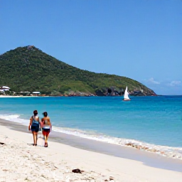 Caribbean Holidays, March Beach Holidays, A couple walking along a quiet sandy beach on Tortola in March, with green hills, clear blue sea and a small sailing boat offshore