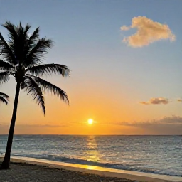 Caribbean Holidays, March Beach Holidays, A golden sunset over the Caribbean Sea viewed from a beach on Sint Maarten, gentle waves, silhouettes of palm trees and warm evening light