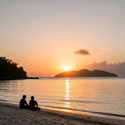 Caribbean Holidays, March Beach Holidays, A peaceful British Virgin Islands beach at sunset in March, with a couple sitting near the shoreline and islands fading into the distance