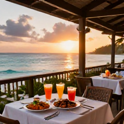 Caribbean Holidays, March Beach Holidays, A relaxed beachfront restaurant in the Grenadines at sunset, with local seafood, colourful drinks and tables overlooking the sea