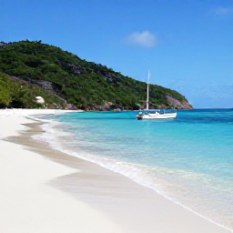 Caribbean Holidays, March Beach Holidays, A secluded Caribbean beach on Bequia with clear shallow water, green hills and a small boat anchored offshore