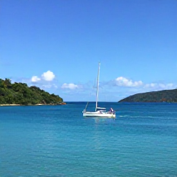 Caribbean Holidays, March Beach Holidays, A small sailing boat cruising across clear blue water between the green islands of the British Virgin Islands under a sunny March sky