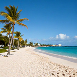 Caribbean Holidays, March Beach Holidays, A wide sandy Caribbean beach on Saint Martin and Sint Maarten in March, bright turquoise sea, palm trees and a relaxed holiday atmosphere