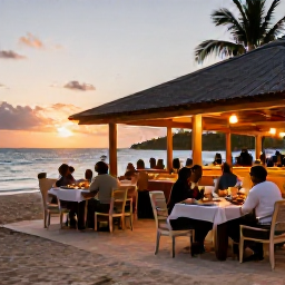 Caribbean Holidays, March Beach Holidays, An outdoor Caribbean restaurant beside the beach in Saint Kitts at sunset, with diners, local food and warm evening light