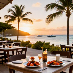 Caribbean Holidays, March Beach Holidays, An outdoor Caribbean restaurant near the beach in the British Virgin Islands, serving fresh seafood at sunset with palm trees and boats in the background
