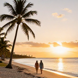 Caribbean Holidays, March Beach Holidays, Couple walking along a quiet Caribbean beach at sunset in March, with palm trees, calm sea and warm golden light
