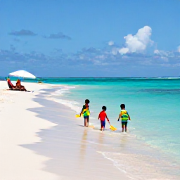 Caribbean Holidays, March Beach Holidays, Family enjoying a safe sandy Caribbean beach in March, children paddling in shallow turquoise water and adults relaxing under a parasol