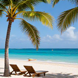 Caribbean Holidays, March Beach Holidays, Quiet Caribbean beach in March with turquoise sea, gently swaying palms, sun loungers and a small boat near the shore