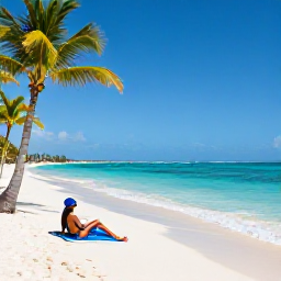 Caribbean Holidays, March Beach Holidays, Sunny Caribbean beach with turquoise water, soft white sand, palm trees and a relaxed traveller enjoying the warm March weather