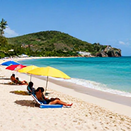 Caribbean Holidays, March Beach Holidays, Visitors relaxing on a quiet sandy beach at Frigate Bay, Saint Kitts, with umbrellas, clear water and green hills in the background