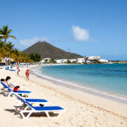 Caribbean Holidays, March Beach Holidays, Visitors relaxing on Orient Bay Beach in Saint-Martin during March, calm blue water, sun loungers, palm trees and low green hills