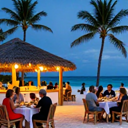 Caribbean Holidays, March Beach Holidays, Welcoming Caribbean beach resort in March with palm trees, outdoor dining, colourful local food and travellers enjoying an evening meal