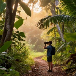 Caribbean Holidays, March Birdwatching, A colourful Caribbean forest at sunrise with a birdwatcher using binoculars on a quiet trail, tropical foliage and soft golden light
