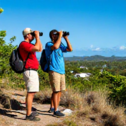 Caribbean Holidays, March Birdwatching, A friendly birdwatching guide and two travellers standing on a Caribbean nature trail, binoculars ready, with a bright blue sky and lush island scenery