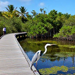 Caribbean Holidays, March Birdwatching, A tranquil Caribbean wetland with mangroves, shallow water and a graceful heron watched by a visitor from a wooden boardwalk