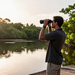 Caribbean Holidays, March Birdwatching, Birdwatcher beside a quiet lagoon in Antigua at sunrise, binoculars ready, with mangroves and Caribbean light
