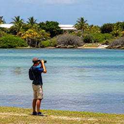 Caribbean Holidays, March Birdwatching, Birdwatcher using binoculars beside a calm Caribbean lagoon on Saint Martin in March, with tropical vegetation and wading birds in the distance