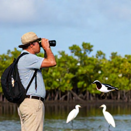 Caribbean Holidays, March Birdwatching, Birdwatcher using binoculars beside a mangrove wetland on Providenciales, spotting a white-cheeked pintail and egrets