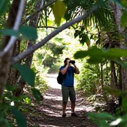 Caribbean Holidays, March Birdwatching, Birdwatcher with binoculars on a forest trail in St John, United States Virgin Islands, surrounded by tropical trees and dappled sunlight