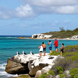 Caribbean Holidays, March Birdwatching, Birdwatchers quietly observing seabirds from a rocky Caribbean coastline on Saint Martin, with turquoise sea and low coastal vegetation
