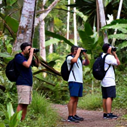 Caribbean Holidays, March Birdwatching, Birdwatchers with binoculars on a forest trail in Trinidad, surrounded by lush tropical vegetation and tall trees