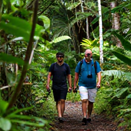 Caribbean Holidays, March Birdwatching, Birdwatchers with binoculars walking along a shaded rainforest trail on Saint Vincent