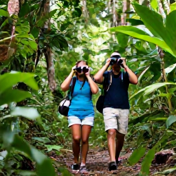 Caribbean Holidays, March Birdwatching, Birdwatchers with binoculars walking through lush rainforest on Mount Liamuiga, Saint Kitts