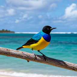 Caribbean Holidays, March Birdwatching, Colourful bananaquit perched on a tropical branch with a Caribbean bay in the background