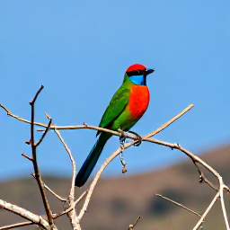 Caribbean Holidays, March Birdwatching, Colourful Caribbean bird perched in dry woodland on Saint Martin, with a clear blue sky and distant hills