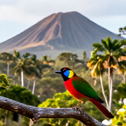 Caribbean Holidays, March Birdwatching, Colourful tropical birds in a quiet Saint Kitts woodland at morning, with volcanic hills in the background