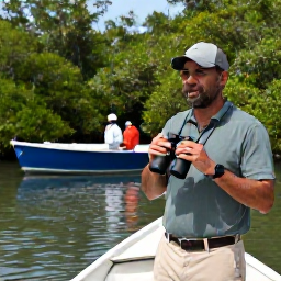Caribbean Holidays, March Birdwatching, Expert local bird guide leading visitors through mangroves on Barbuda, with binoculars and a small boat nearby
