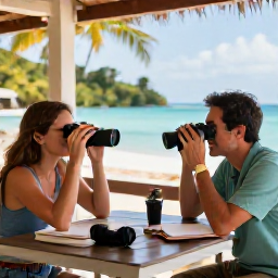 Caribbean Holidays, March Birdwatching, Friendly couple enjoying a relaxed birdwatching holiday near a Caribbean caf&eacute; in March, with binoculars, notebooks and tropical island scenery