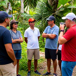 Caribbean Holidays, March Birdwatching, Friendly local birdwatching guide showing a small group a tropical bird in Tobago&rsquo;s rainforest