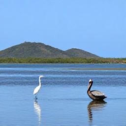 Caribbean Holidays, March Birdwatching, Great egret and brown pelican around a calm Antiguan wetland with distant hills and a clear blue sky