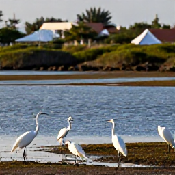 Caribbean Holidays, March Birdwatching, Great Egret and herons feeding around shallow water at a salt pond in Sint Maarten, viewed in warm early-morning light