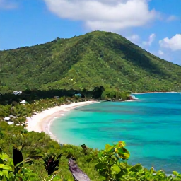 Caribbean Holidays, March Birdwatching, Peaceful Caribbean birdwatching viewpoint overlooking turquoise water, green hills and a small sandy beach in the United States Virgin Islands