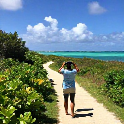 Caribbean Holidays, March Birdwatching, Quiet coastal trail with binoculars, field guide and water bottle overlooking a turquoise bay in the Turks and Caicos Islands