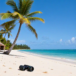 Caribbean Holidays, March Birdwatching, Quiet tropical beach in Tobago with palm trees, turquoise sea and a pair of binoculars resting nearby