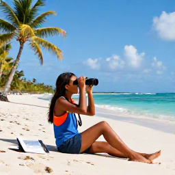 Caribbean Holidays, March Birdwatching, Relaxed birdwatching holiday scene in Antigua with binoculars, field guide, palm trees and a quiet sandy beach