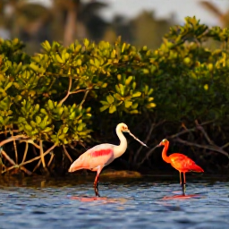 Caribbean Holidays, March Birdwatching, Roseate spoonbill and scarlet ibis in a Trinidad wetland at sunrise, with mangroves and calm water