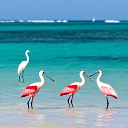 Caribbean Holidays, March Birdwatching, Roseate spoonbills and herons beside shallow turquoise lagoons in Grand Turk, Turks and Caicos Islands, bright March sunshine
