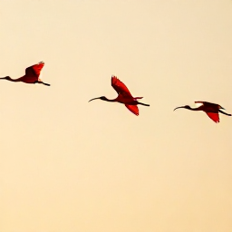 Caribbean Holidays, March Birdwatching, Scarlet ibis flock flying over the Caroni Swamp in Trinidad during golden evening light